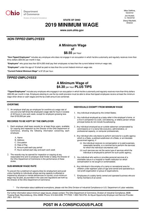 Ohio Minimum Wage Workplace Poster State Of Ohio Minimum Wage