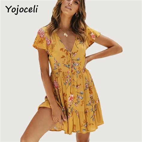 Yojoceli Floral Print Button Sexy Cotton Dress Summer Beach Women Daily