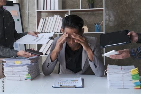 Stress Anxiety And Multitasking Businessman With Headache From