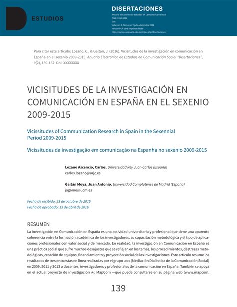 Pdf Vicisitudes De La Investigación En Comunicación En España En El