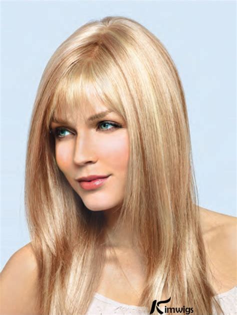 16 Inch Blonde Remy Human Straight With Bangs Hand Tied Lace Wigs