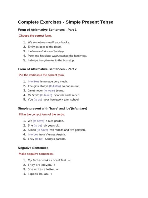 simple present tense exercise complete