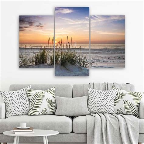 Leinwandbild 3 Teilig Strand Meer Gras Sonnenuntergang Wall Art De