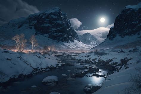 Premium Photo | Snow covered mountains with a river at night