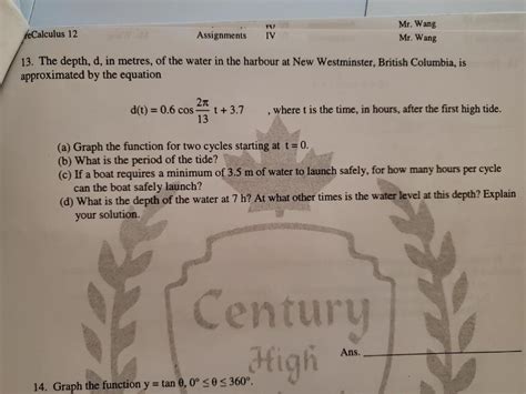 Solved 3. The depth, d, in metres, of the water in the | Chegg.com 