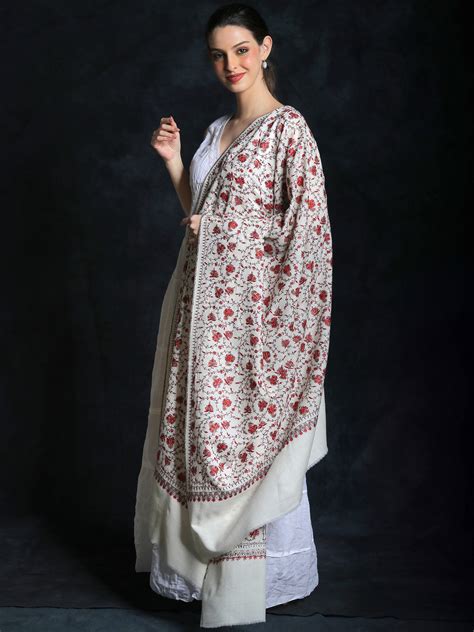 Star White Pure Tusha Shawl From Kashmir With Sozni Paisley Jaal