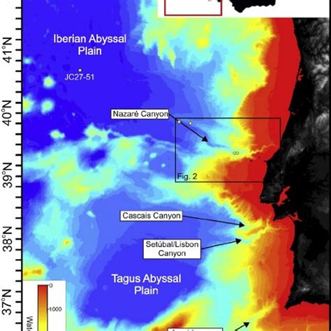 Location map of the Nazaré Canyon and the locations of canyon cores ...