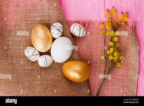 Decorative Easter Eggs On Burlap Festive Easter Spring Composition With Pussy Willow And Eggs