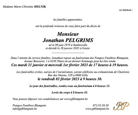 Monsieur Jonathan PELGRIMS Pompes funèbres Blampain