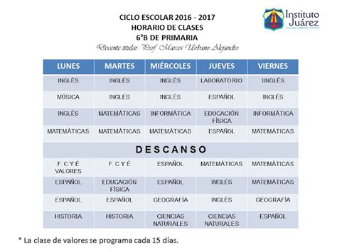 Instituto Juárez 6° Primaria Horario De Clases 6°b