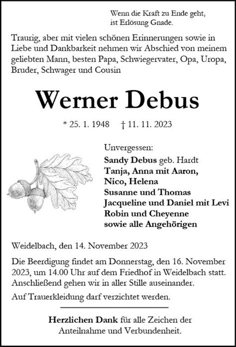 Traueranzeigen Von Werner Debus Vrm Trauer De