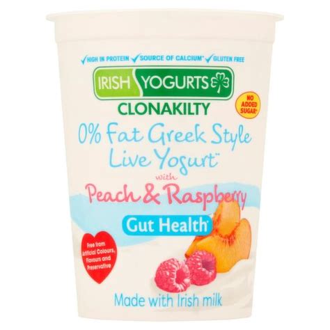 Irish Yogurts Clonakilty 0 Fat Greek Style Live Yogurt With Peach And Raspberry 450g Dunnes Stores