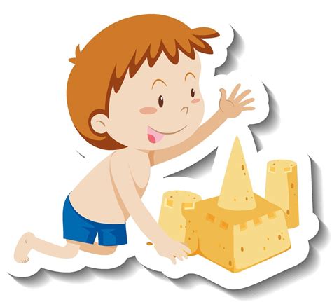 A Boy Building Sand Castle Cartoon Character Sticker 3303578 Vector Art