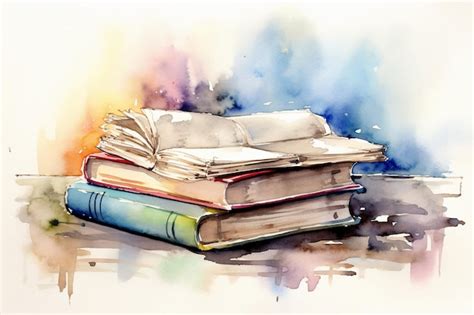 Premium Photo | A watercolor painting of books on a table