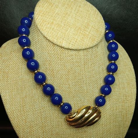 Vintage AVON Blue Lucite Beads Necklace Gold Tone Pen Gem