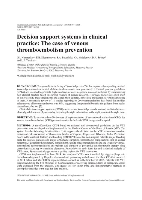 Pdf Decision Support Systems In Clinical Practice The Case Of Venous Thromboembolism Prevention