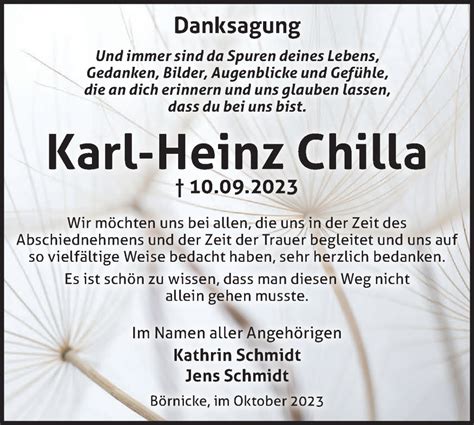 Traueranzeigen Von Karl Heinz Chilla M Rkische Onlinezeitung Trauerportal