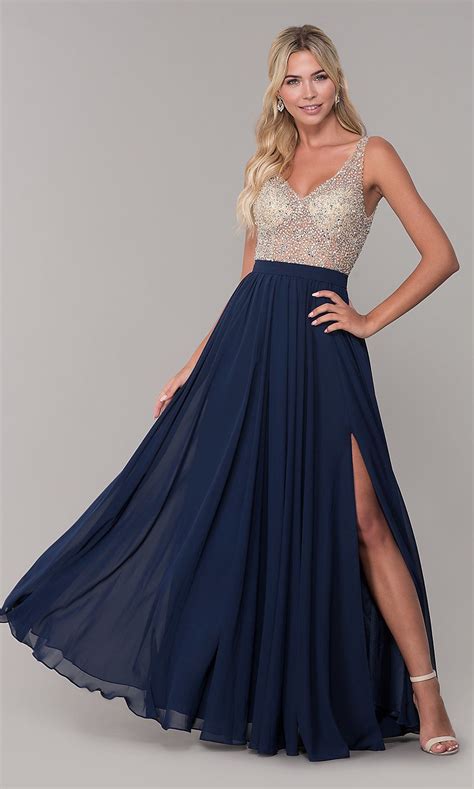 Long Illusion Beaded Bodice V Neck Prom Dress Formal Prom Dresses