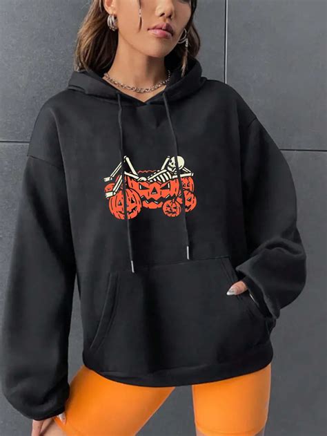 Halloween Pumpkin Skull Print Hoodie Casual Pocket Long Temu Norway