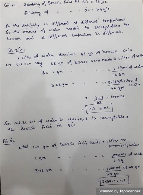 Solved The Solubility Of Benzoic Acid In Water Is G Per L At