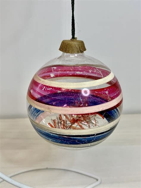 Vtg Ww Era Unsilvered Glass Christmas Ornament Striped Cardboard Top