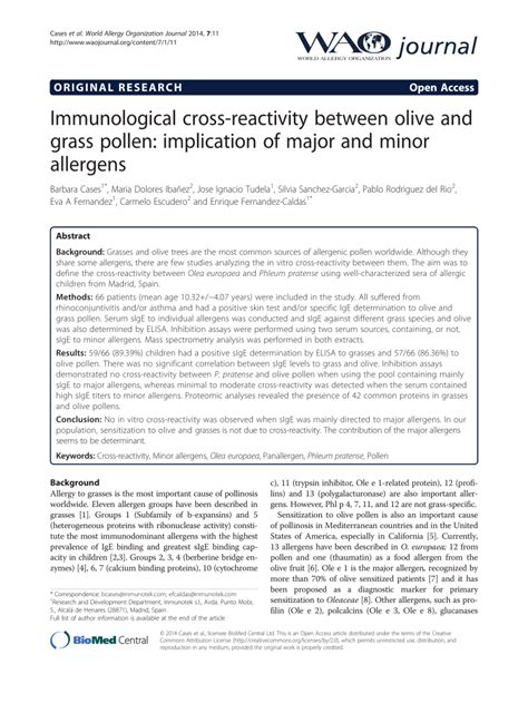 PDF Immunological Cross Reactivity Between Olive And Grass Pollen