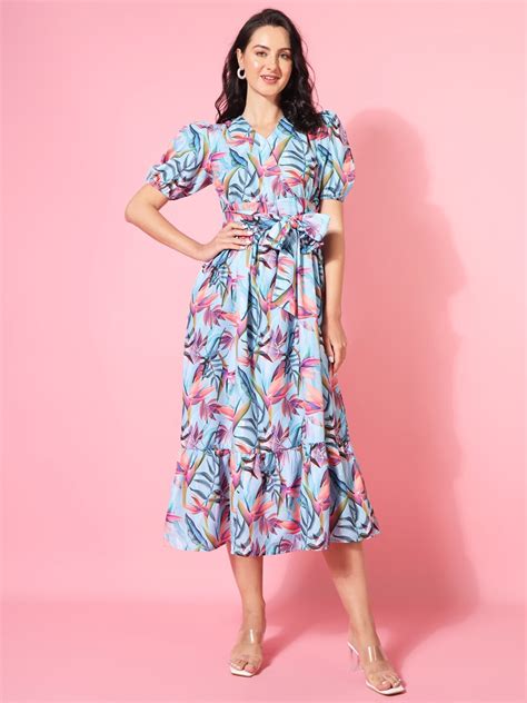 Buy The Dry State Floral Print V Neck Puff Sleeve Fit And Flare Midi