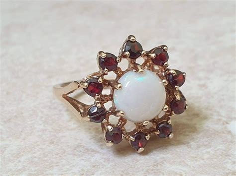 Opal And Garnet Halo Cluster Ring In Ct Gold Gems Afire Preloved