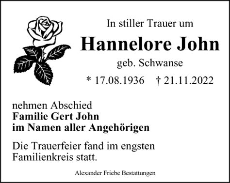 Traueranzeigen Von Hannelore John Trauer In Thueringen De