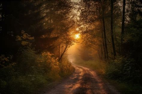 Misty forest sunrise on a secluded path