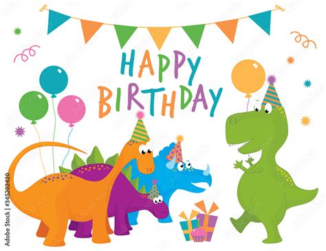 A Vector Illustration Of A Cute Dinosaur Birthday Party Set With A