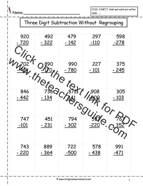 3 Digit Subtraction Worksheets Without Regrouping