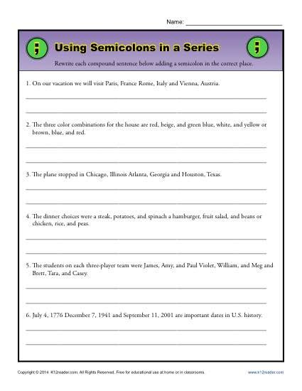 Using Semicolons In A Series Semicolon Worksheet Worksheets Library