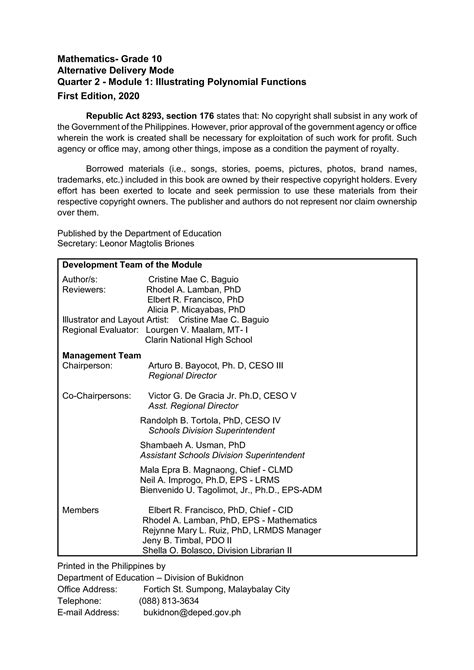 Grade10 Quarter2 Module1 Illustrating Polynomial Functions Version3 Pdf