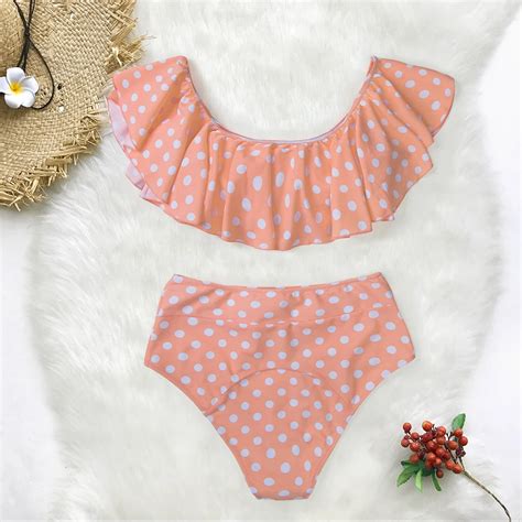 Free Shipping Pink Peach Polka Dot Ruffled Bikini Sets Jkp