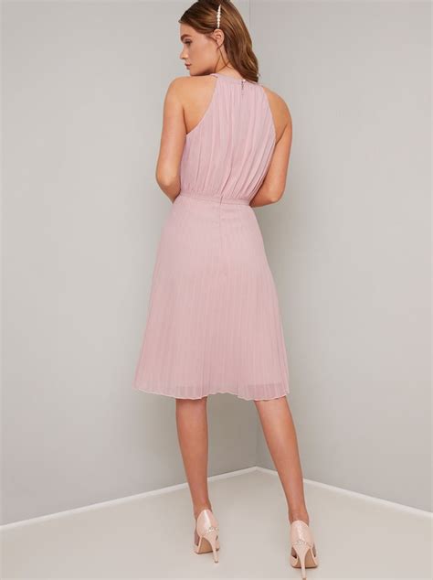 Halter Neck Pleated Midi Dress In Pink Chi Chi London