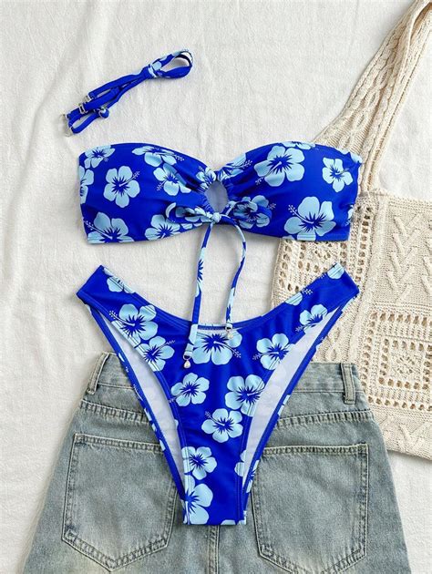 SHEIN VCAY Conjunto de Maiô Bikini Bandeau Sexy Estampa Floral