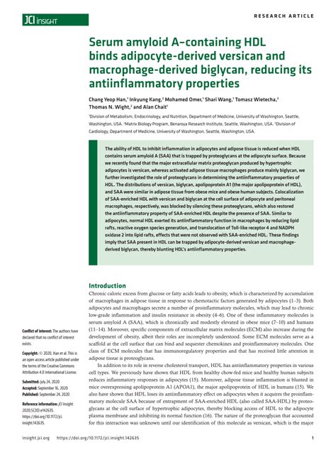 Pdf Serum Amyloid A Containing Hdl Binds Adipocyte Derived Versican