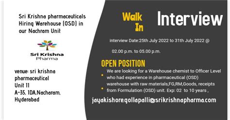 Sri Krishna Pharmaceutical Walk In Interview For Warehouse OSD