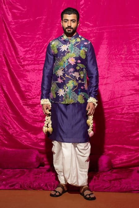 Buy Purple Chanderi Silk Printed Floral Pattern Nehru Jacket With Kurta