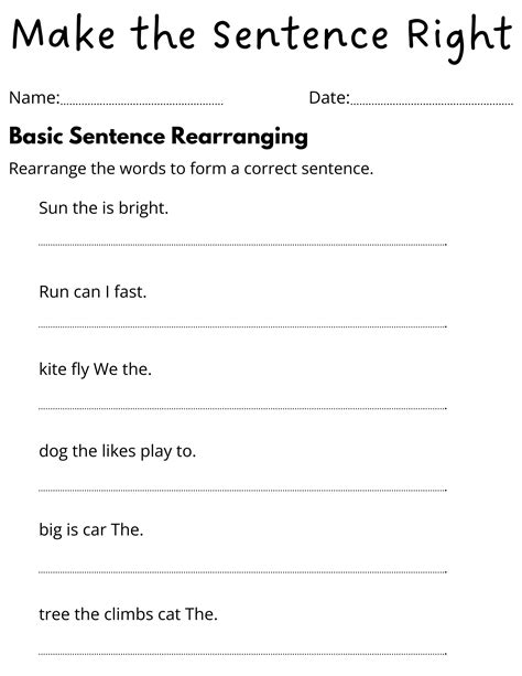 Printable Simple Rearrange Sentences Worksheet For Grade 1 With Answers