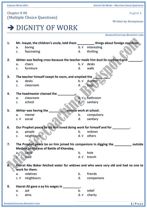 Adamjee Coaching Dignity Of Work Mcqs English 10th