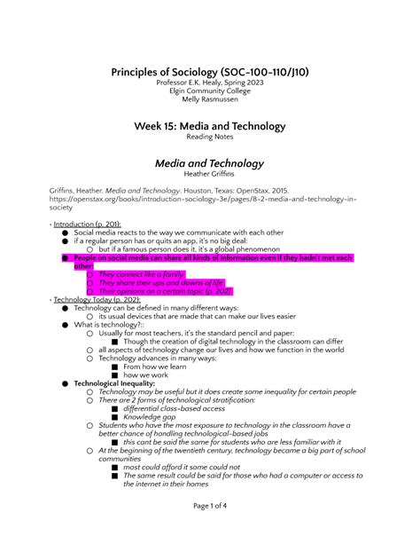 Media And Technology Notes Principles Of Sociology SOC 100 110 J10