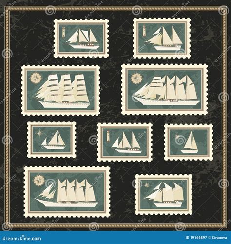 Set Of Postage Stamp With Sailing Boat Stock Vector Illustration Of