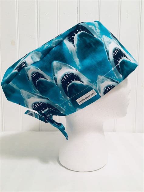 Womens Surgical Scrub Cap Scrub Hat Jaws Blue And White Shark