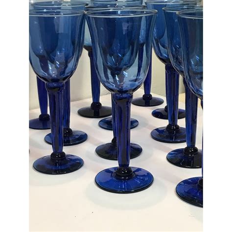 Vintage Cobalt Blue Hand Blown Glass Wine Water Goblets Set Of 14 Chairish