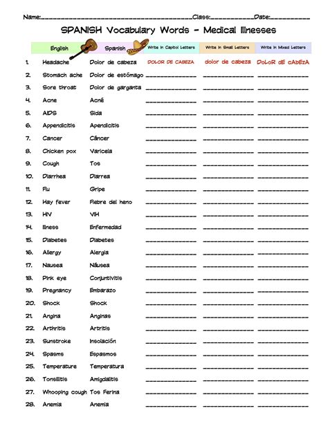 Spanish Medical Illnesses Vocabulary Word List Column Worksheet Made