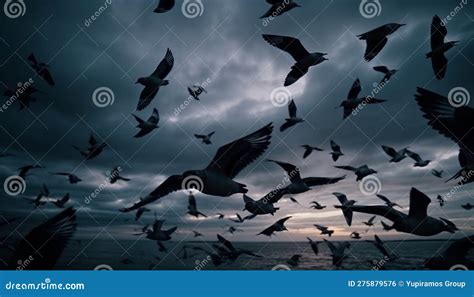 Silhouette Seagulls Spread Wings In Tranquil Twilight Coastline