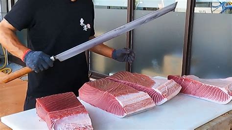 Sliced Luxurious Sashimi Use Sword To Cut Giant Bluefin Tuna