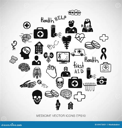 Healthcare Black Doodles Hand Drawn Medicine Icons Set On White Eps